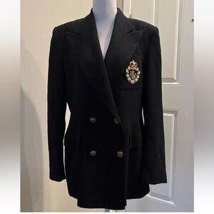 Vtg Lauren Ralph Lauren Crown Crest Double Breasted Wool Navy Blazer Jacket 10